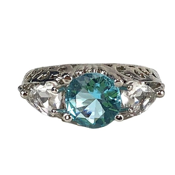 Ring Size 5 Light Blue & Clear Stones Silver Plated - Picture 2 of 5